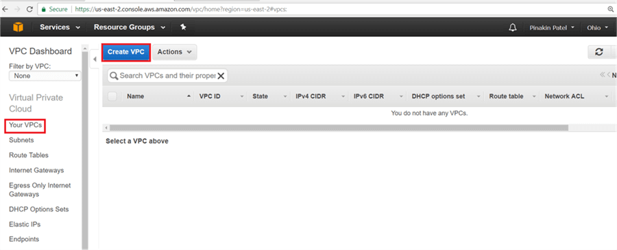 On Your VPCs page click Create VPC.  - Description: On Your VPCs page click Create VPC. 
