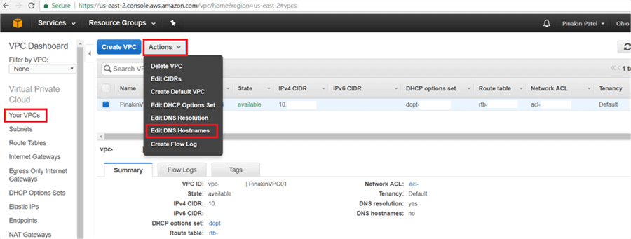 Your VPCs page, select the VPC to change the DNS hostname and go to the Actions and click on Edit DNS Hostnames - Description: On Your VPCs page, select the VPC to change the DNS hostname and go to the Actions and click on Edit DNS Hostnames.