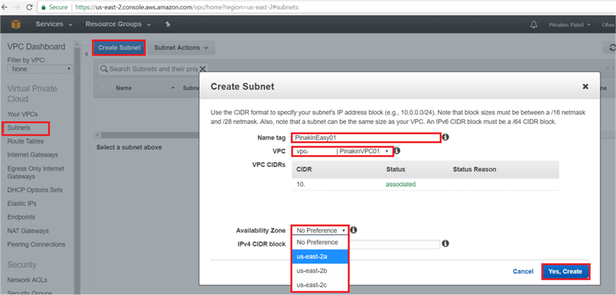 VPC  will automatically get assigned. If there are more than one VPC then select from drop down menu, Select Availability Zone from drop down list, there are multiple availability zones in region  - Description: subnet name tag, VPC  will automatically get assigned. If there are more than one VPC then select from drop down menu, Select Availability Zone from drop down list, there are multiple availability zones in region (some region have 3 or more than 3 Availability Zones); in Ohio there are 3 AZ (us-east-2a; us-east-2b, us-east-2c) put the IPV4 CIDR block and Yes, Create.
