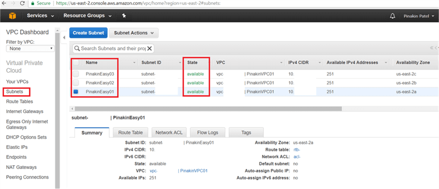 On Subnet page newly created subnet will appear and status shown as available  - Description: On Subnet page newly created subnet will appear and status shown as available and also show availability zone along with all other information; here I have created two subnets (availability zone), one in us-east-2a and another in us-east-2b zone and us-east-2c zone.
