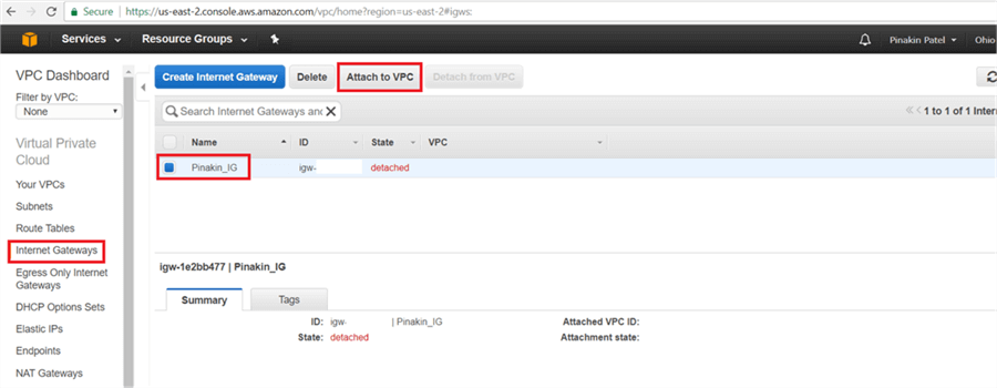 On Internet Gateway page, select the newly created Internet gateway and click on Attach with VPC. - Description: On Internet Gateway page, select the newly created Internet gateway and click on Attach with VPC.