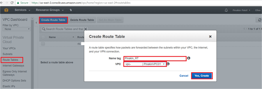On Create Route Table dialog box, provide route table name and select VPC and hit Yes, Create - Description: On Create Route Table dialog box, provide route table name and select VPC and hit Yes, Create