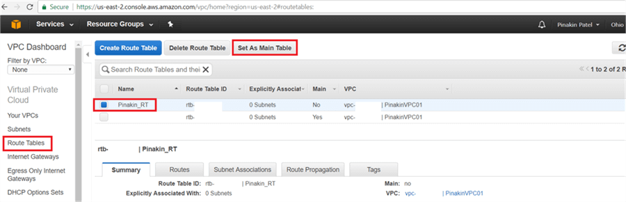 On Route Table page select newly created Route Table and click on Set as Main Table. - Description: On Route Table page select newly created Route Table and click on Set as Main Table.