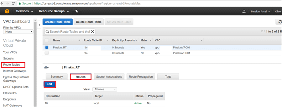 On Route Table page, after setting up newly created Route Table as Main Table, go to the Routes Tab and click Edit. - Description: On Route Table page, after setting up newly created Route Table as Main Table, go to the Routes Tab and click Edit.