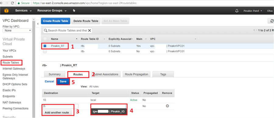 On Route Table page, routes tab click on add another gateway, and add Destination IPs and select target as Internet Gateway and save. - Description: On Route Table page, routes tab click on add another gateway, and add Destination IPs and select target as Internet Gateway and save.