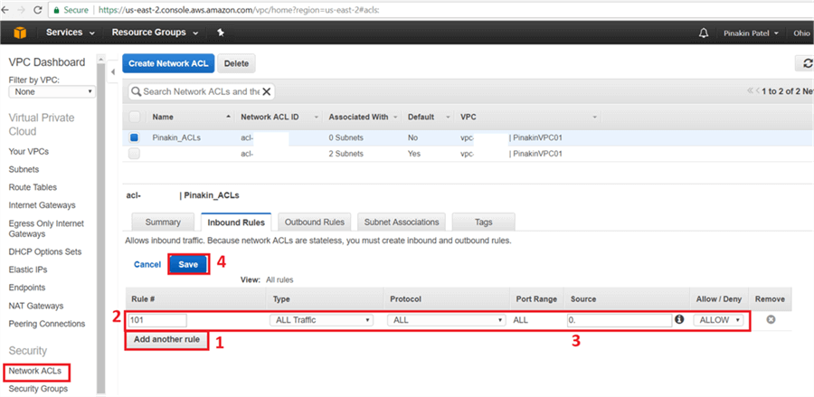On Network ACLs Page, select newly created network ACL and go to Inbound Rules tab and click on Edit. - Description: On Network ACLs Page, select newly created network ACL and go to Inbound Rules tab and click on Edit.