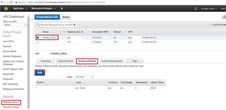 On Network ACLs page, select newly created network ACL and go to Outbound Rules tab and click on Edit.  - Description: On Network ACLs page, select newly created network ACL and go to Outbound Rules tab and click on Edit. 