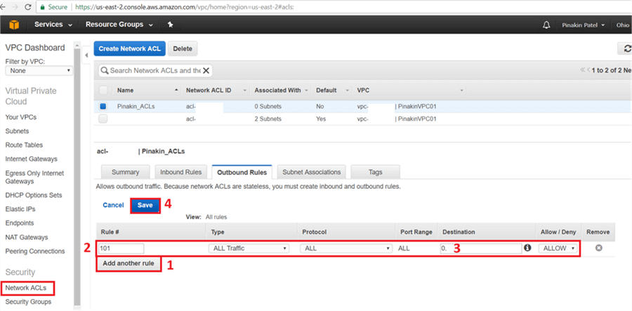 On outbound rules tab click on add another rule and give rule # and then select the port # (open appropriate port) in type give source IPs and save it. - Description: On outbound rules tab click on add another rule and give rule # and then select the port # (open appropriate port) in type give source IPs and save it.