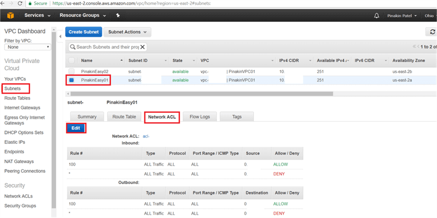 On Subnets page, select subnet and go to the Network ACL tab and click on Edit. - Description: On Subnets page, select subnet and go to the Network ACL tab and click on Edit.