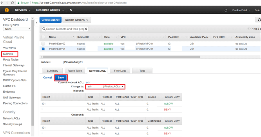 On Network ACL tab page change the current network ACL as newly created Network ACLs and save it. - Description: On Network ACL tab page change the current network ACL as newly created Network ACLs and save it.