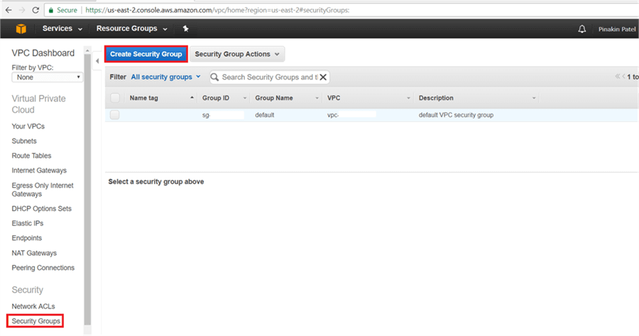 On Security Group page, click on create Security Group. - Description: On Security Group page, click on create Security Group.