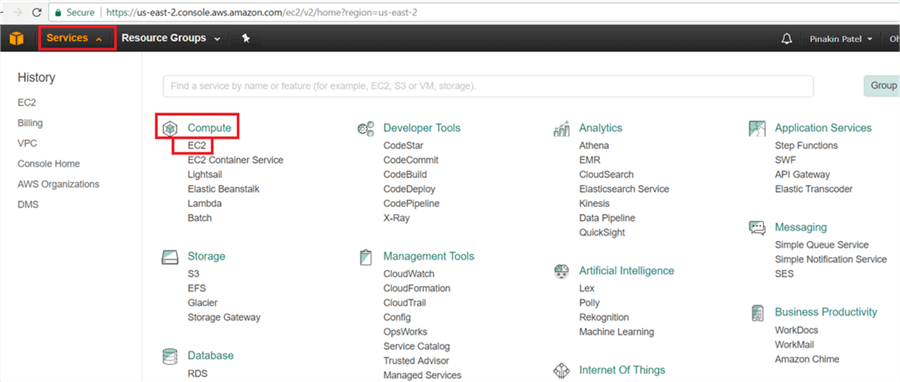 To create EC2 Instance click on Services (top left side) and under the Compute select EC2. - Description: To create EC2 Instance click on Services (top left side) and under the Compute select EC2.