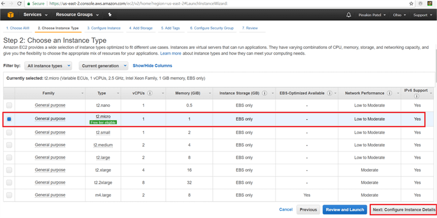 On Choose an Instance Type page, select instance type and hit Configure Instance Details - Description: On Choose an Instance Type page, select instance type and hit Configure Instance Details