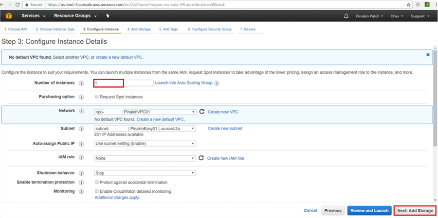 On Configure Instance Details page, enter number of instances need to be created then; select network VPCs, select subnet, and click on Add Storage.On Configure Instance Details page, enter number of instances need to be created then; select network VPCs, select subnet, and click on Add Storage. - Description: On Configure Instance Details page, enter number of instances need to be created then; select network VPCs, select subnet, and click on Add Storage.