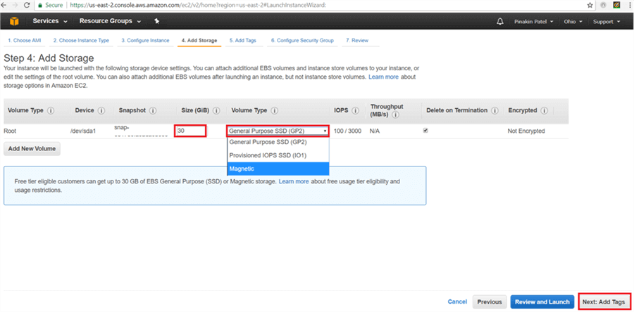 On Add Storage page, click on Add new Volume (In free tier there will be 30 GBs storage available) and select volume type and click Add Tags. - Description: On Add Storage page, click on Add new Volume (In free tier there will be 30 GBs storage available) and select volume type and click Add Tags.