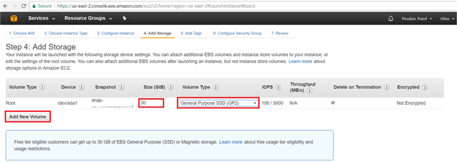 On Add Storage page, click on Add new Volume (In free tier there will be 30 GBs storage available) and select volume type and click Add Tags. - Description: On Add Storage page, click on Add new Volume (In free tier there will be 30 GBs storage available) and select volume type and click Add Tags.