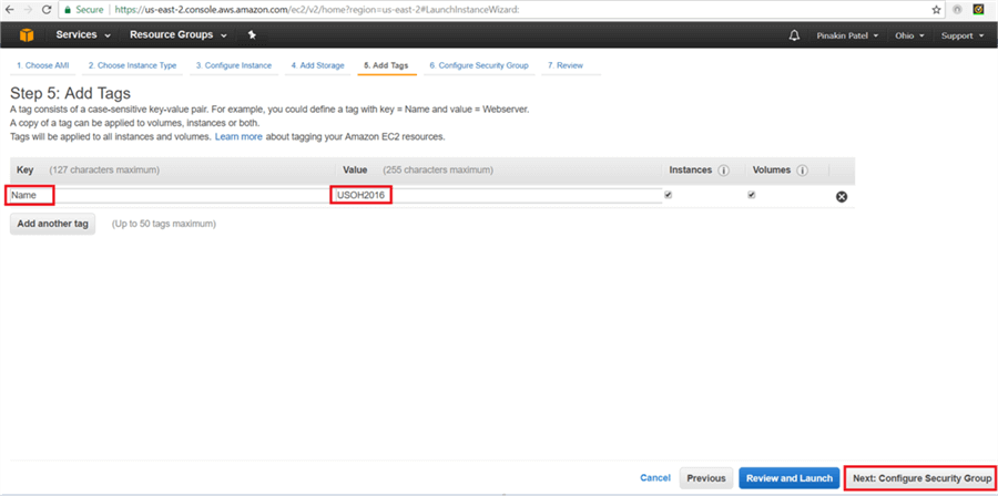 On Add Tags dialog box, give Key Name and Value as Server Name and then click on Configure Security Group. - Description: On Add Tags dialog box, give Key Name and Value as Server Name and then click on Configure Security Group.