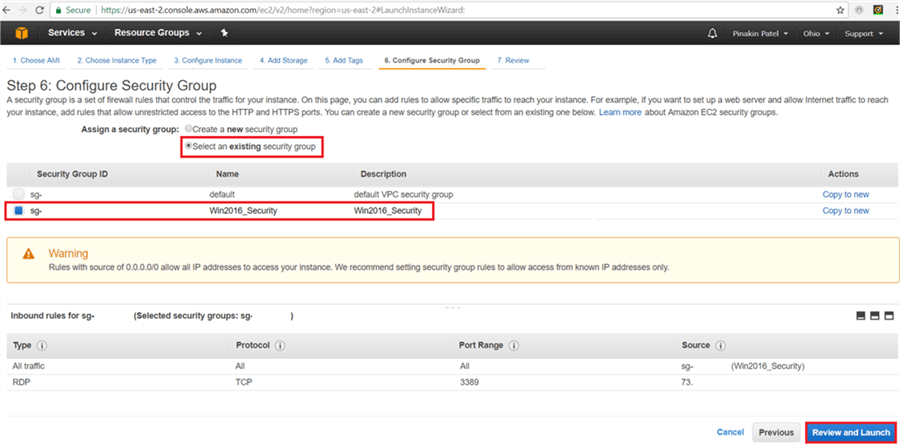 On Configure Security Group page, select an existing security group and then select security group and click on Review and Launch. - Description: On Configure Security Group page, select an existing security group and then select security group and click on Review and Launch.