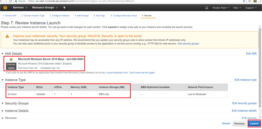 On Review Instance launch page, review all configuration setting and hit launch. - Description: On Review Instance launch page, review all configuration setting and hit launch.