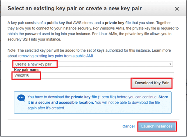 On Select an existing key pair or create a new key pair dialog box  click on create new key pair or select an existing key pair and give key pair name and click on download to download key pair. (Save the key pair in secured location). Hit Launch Instance. - Description: On Select an existing key pair or create a new key pair dialog box  click on create new key pair or select an existing key pair and give key pair name and click on download to download key pair. (Save the key pair in secured location). Hit Launch Instance.