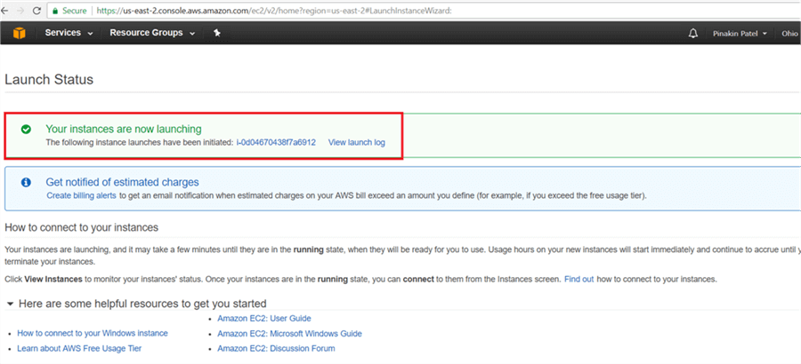 On Launch Status page, Instance launching message will appear as shown below. - Description: On Launch Status page, Instance launching message will appear as shown below.