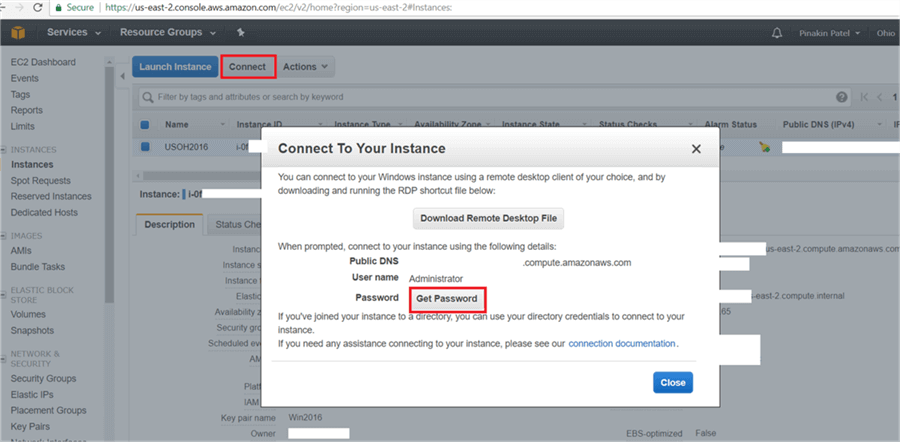 On Connect To your Instance dialog box, click on Get Password. - Description: On Connect To your Instance dialog box, click on Get Password.