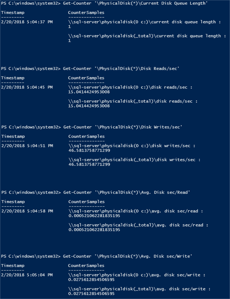 Get-Counter '\PhysicalDisk(*)\Current Disk Queue Length' 