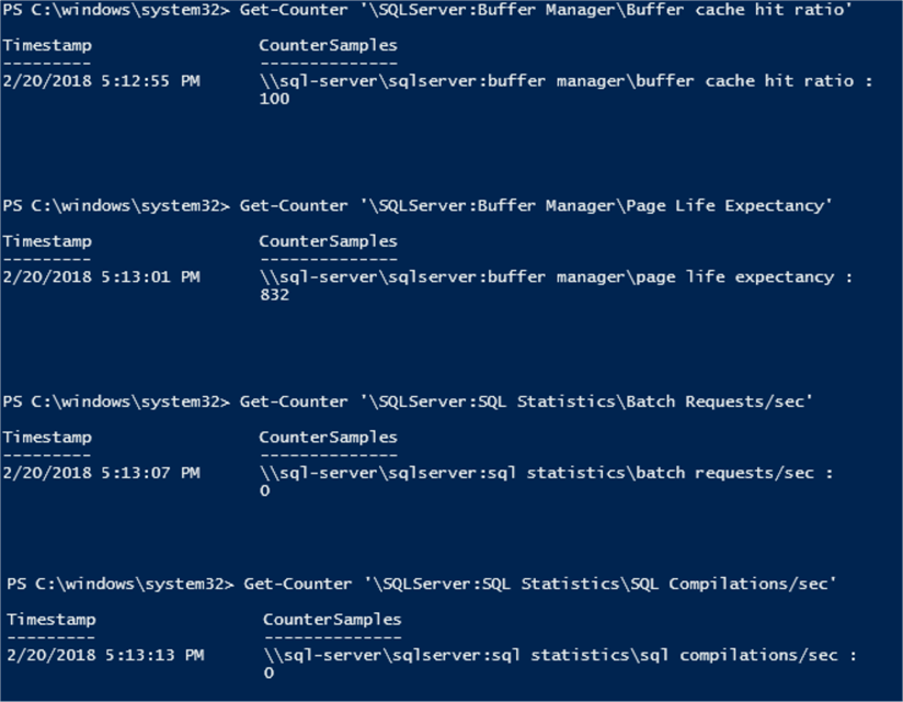 Get-Counter '\SQLServer:Buffer Manager\Buffer cache hit ratio' 