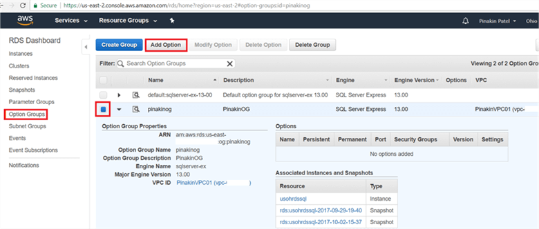 On Create Option Group page, select option group and click on Add Option. - Description: On Create Option Group page, select option group and click on Add Option.