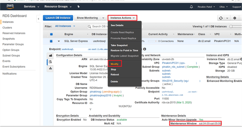 If you didnt check apply immediately as yes, then you can modify the instance and apply immediately by selecting RDS instance go to the Instance Actions and click on Modify. As shown below the maintenance window. - Description: If you didnt check apply immediately as yes, then you can modify the instance and apply immediately by selecting RDS instance go to the Instance Actions and click on Modify. As shown below the maintenance window.
