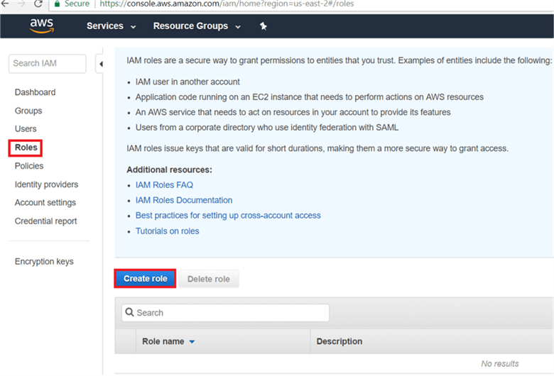 On Roles page, click on Create role. - Description: On Roles page, click on Create role.
