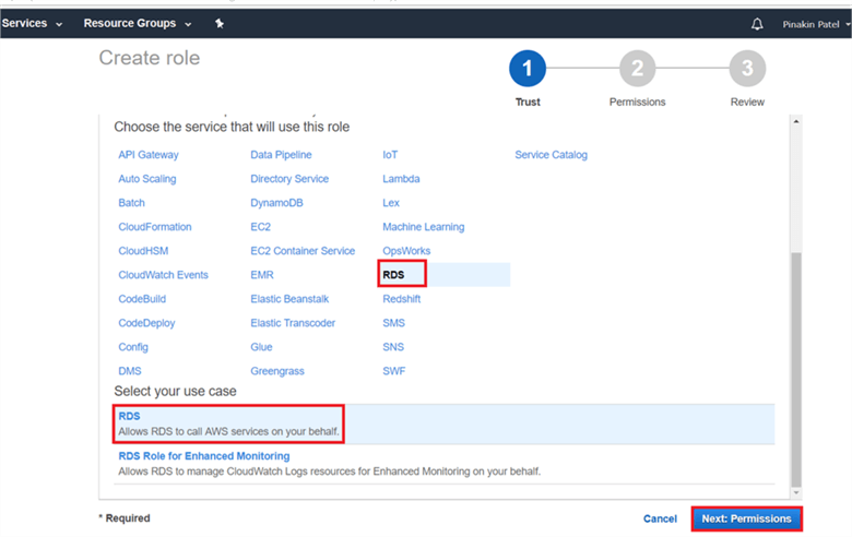 On Create Role dialog box, select the service that use the role and select your use case and click Permission. - Description: On Create Role dialog box, select the service that use the role and select your use case and click Permission.