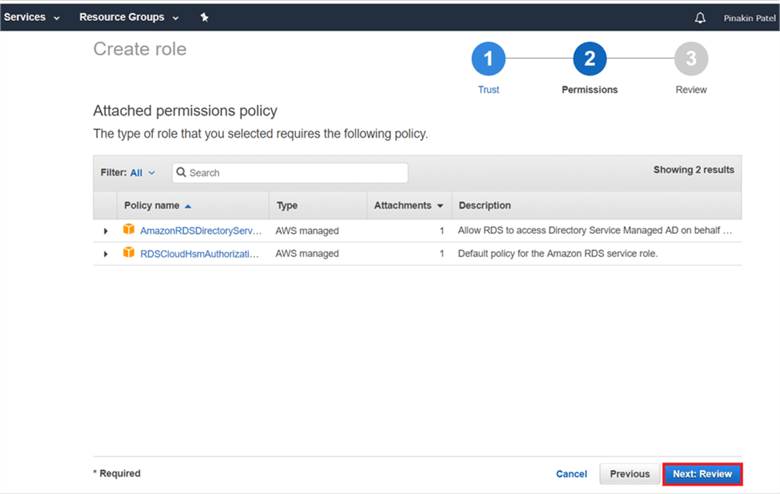 On Attached permission policy dialog box, click Review Note  as customer created policy is not available so we will attach the policy after creating role. - Description: On Attached permission policy dialog box, click Review &#xA;Note  as customer created policy is not available so we will attach the policy after creating role.&#xA;
