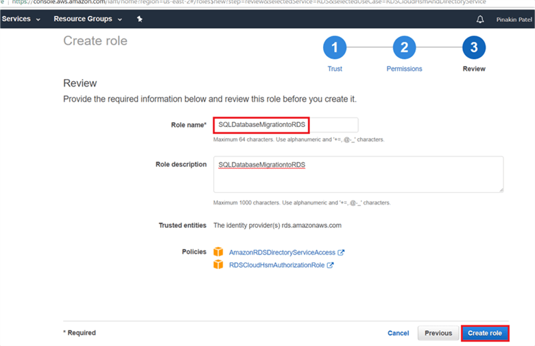 On Review dialog box, give the role name, description and Create role. - Description: On Review dialog box, give the role name, description and Create role.