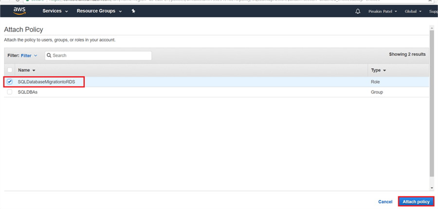 On Attach Policy dialog box, select your custom role and click Attach policy.  - Description: On Attach Policy dialog box, select your custom role and click Attach policy. 