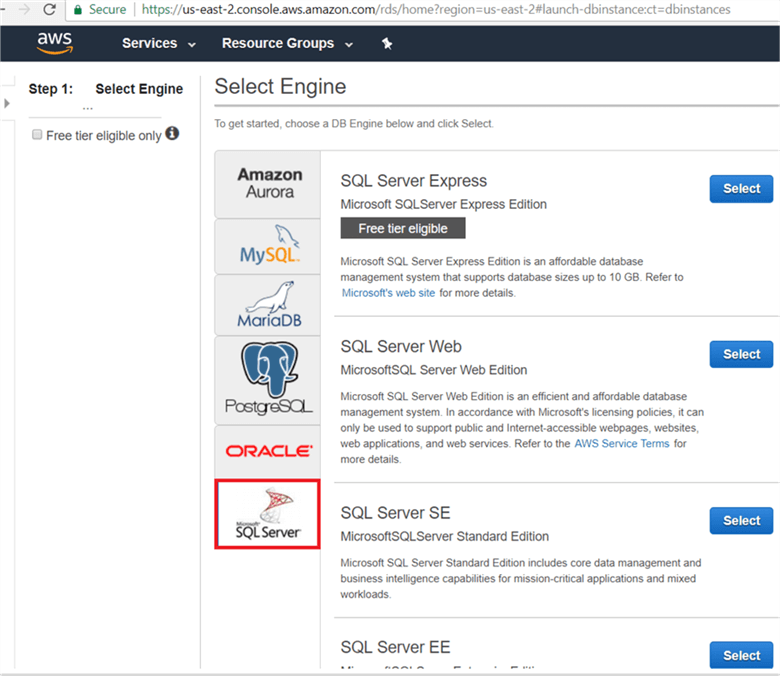 On the Select Engine dialog box, select appropriate platform along with SQL server edition. - Description: On the Select Engine dialog box, select appropriate platform along with SQL server edition.&#xA;Note  all SQL server edition will have same feature but the power of instance are different like CPU and memory configuration; you can change the instance type any time when you run on-demand instance, but you need to migrate all the databases; if you select standard or enterprise edition you will get option to select prod or Dev instance.&#xA;