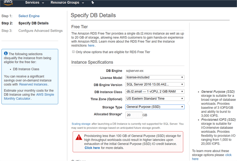 On the Select Engine dialog box, select license model, DB engine version, DB instance class. - Description: On the Select Engine dialog box, select license model, DB engine version, DB instance class.&#xA;Note  if you need more memory or/and CPU to RDS Instance you need to select on DB instance class; some DB instance class does have IOPS, but if you need more IOPS you can get it.&#xA;