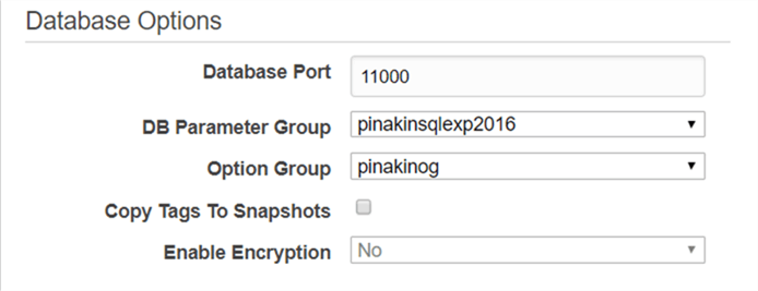 On Configure Advance setting dialog box, under database option section, put the RDS database instance port no. - Description: On Configure Advance setting dialog box, under database option section, put the RDS database instance port no.