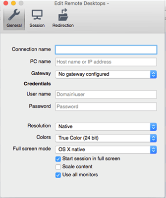 Microsoft RDP New Connection Window