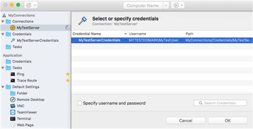 RoyalTSX Remote Desktop Connection Choose Credentials
