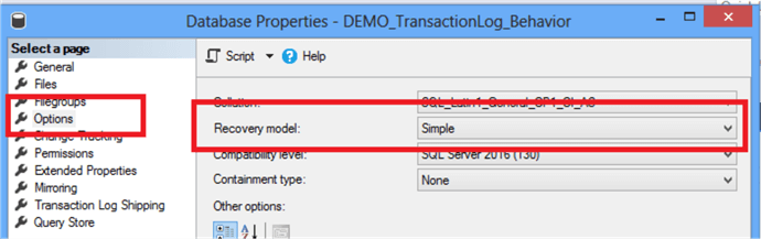 sql server database properties recovery model