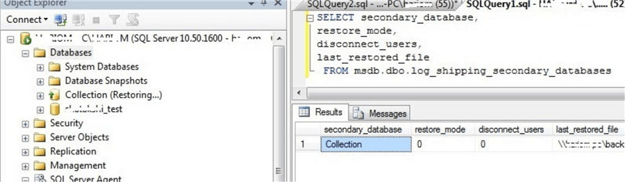 log shipping status in SSMS in restoring state