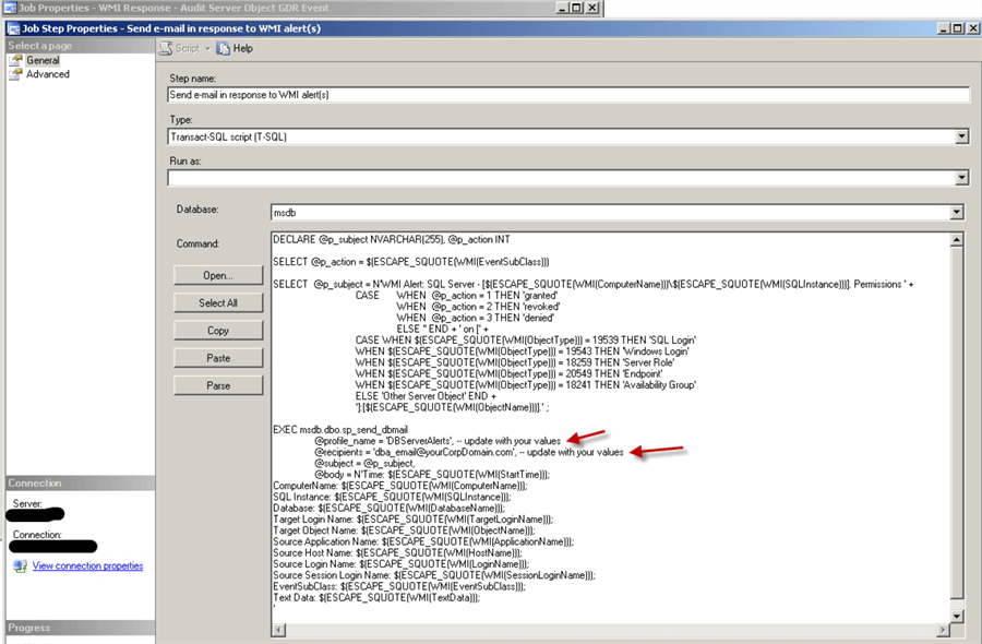 Server Objects permissions change - alert response job