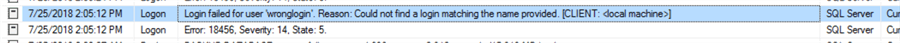 sample error message displayed in the error log using SSMS