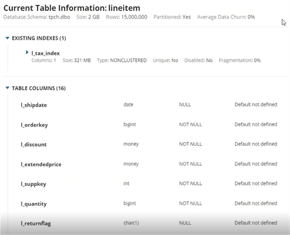 SolarWinds Database Performance Analyzer Table Tuning Advisors Table Metadata