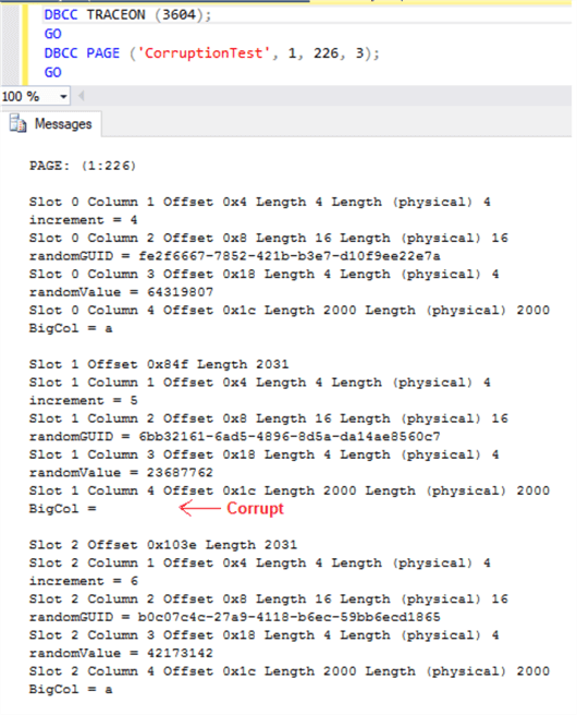 DBCC PAGE to display content of corrupted page id 226