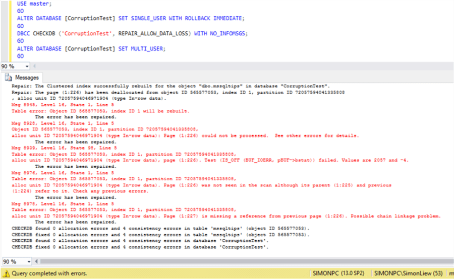 Repair database with allow data loss