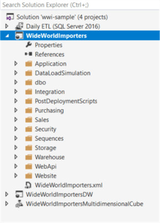 This screenshot shows the folder structure of the database project. The folder was organized by Schema\Object Type.