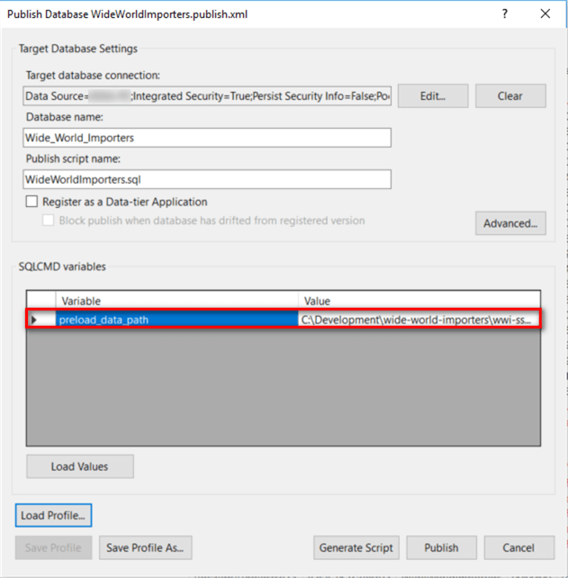Database project publish wizard that is used to configure target database settings and SQLCMD variables.