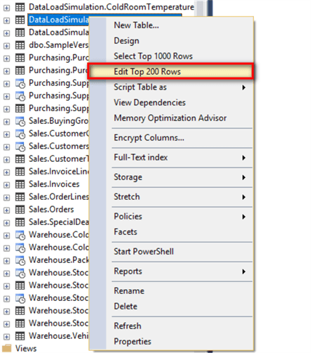 The screenshot shows the menu item to open the table editor window.